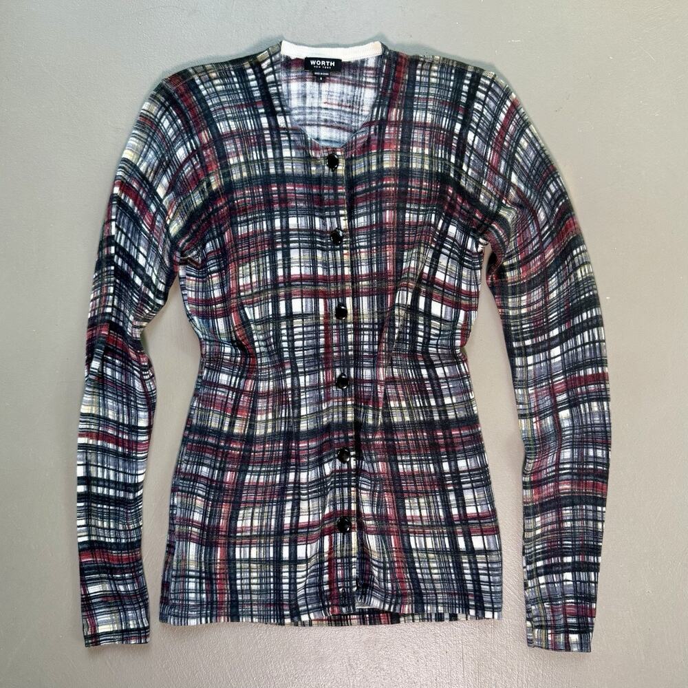 Worth New York 100% Wool Plaid Cardigan Sweater SMALL Office Classic